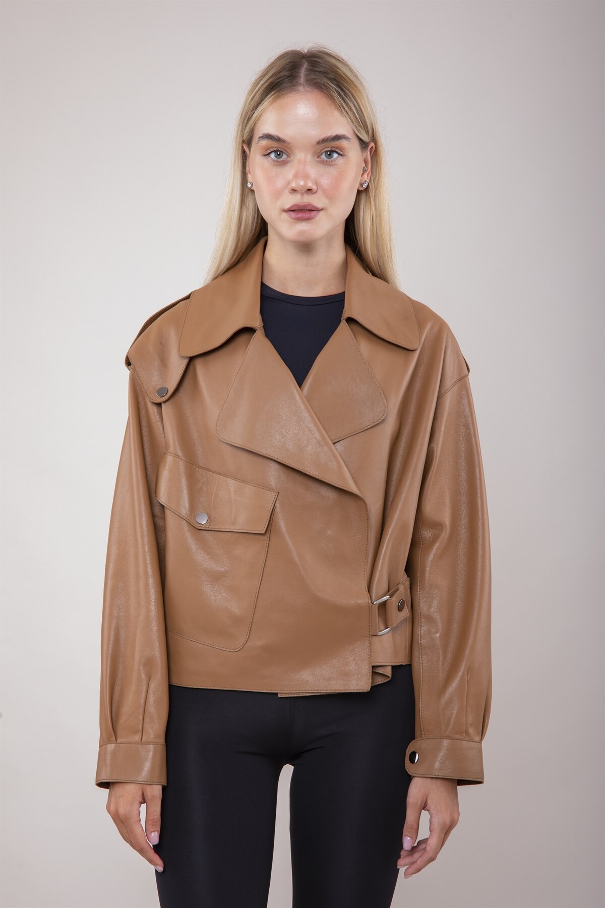 Picture of BestDerei female cognac leather jacket
