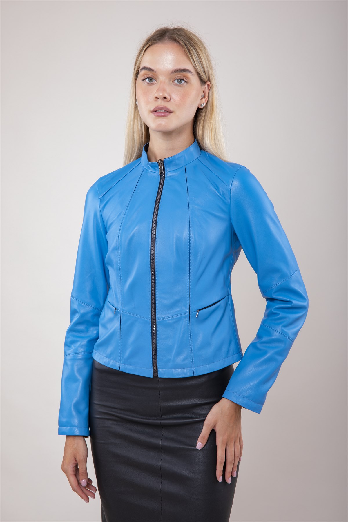 Picture of The best female retro blue leather jacket