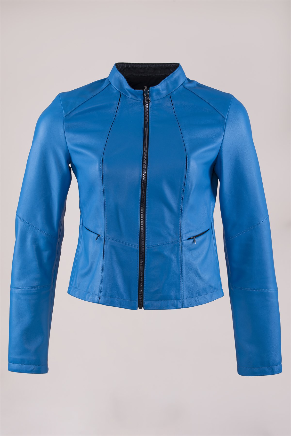 Picture of The best female retro blue leather jacket