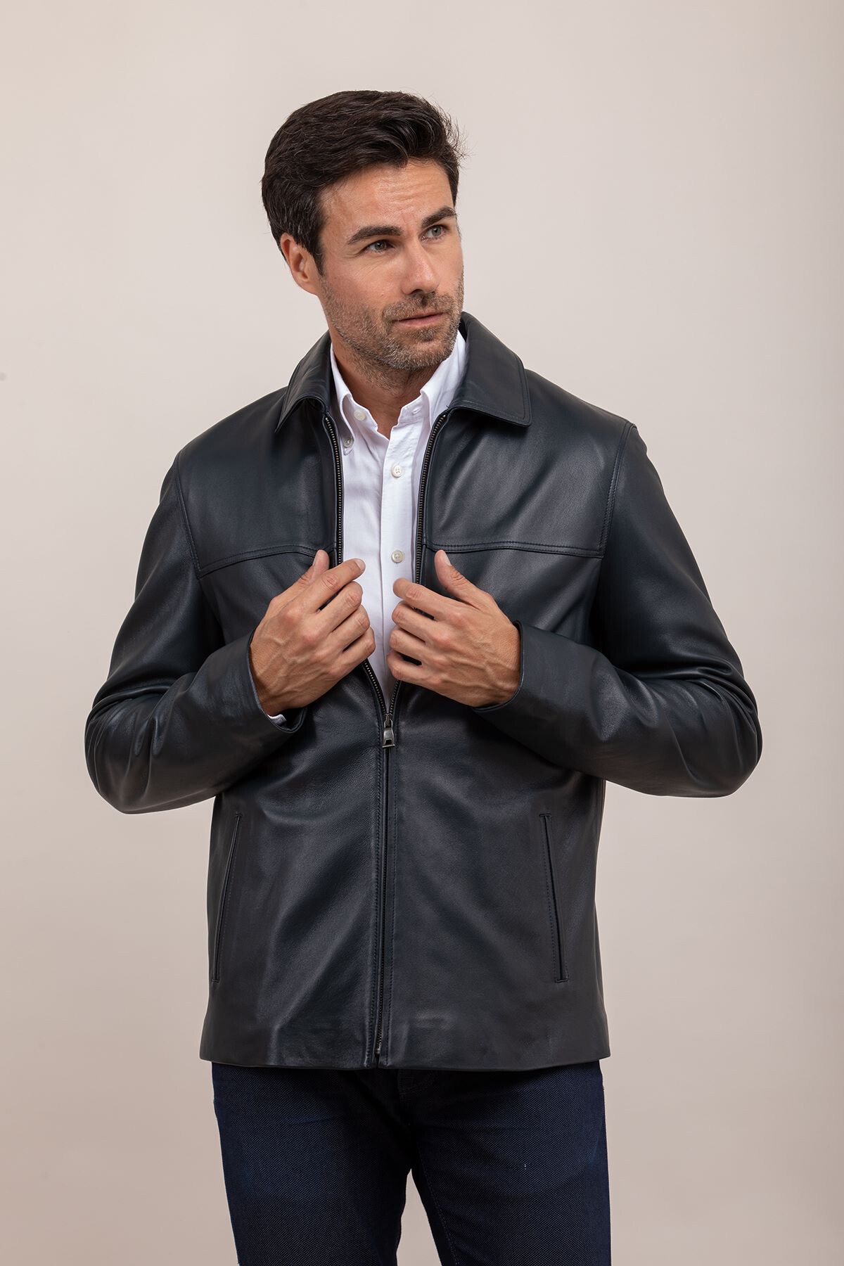 Picture of Men's navy blue leather jacket