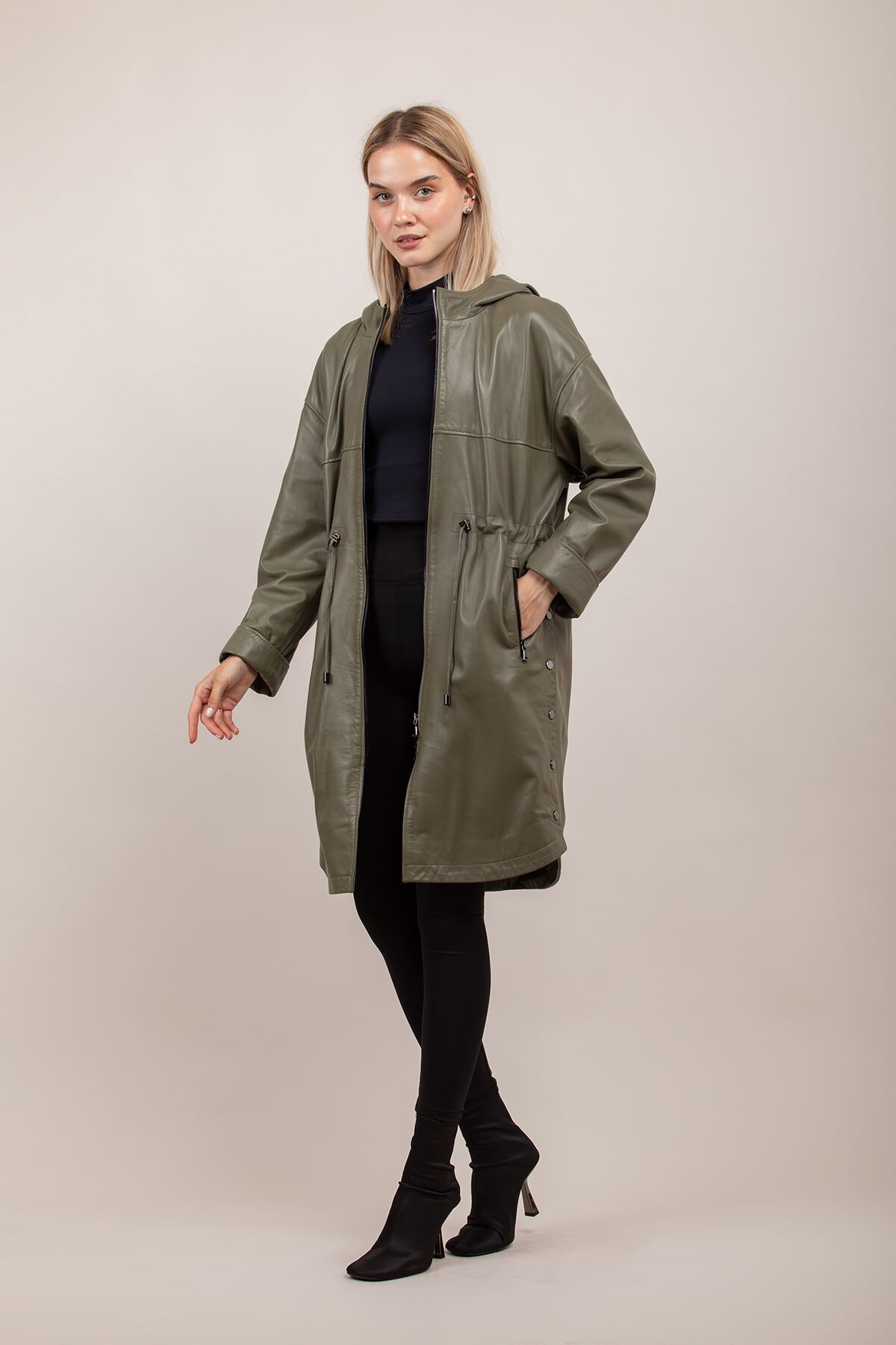 Picture of The best woman oliv green leather coat
