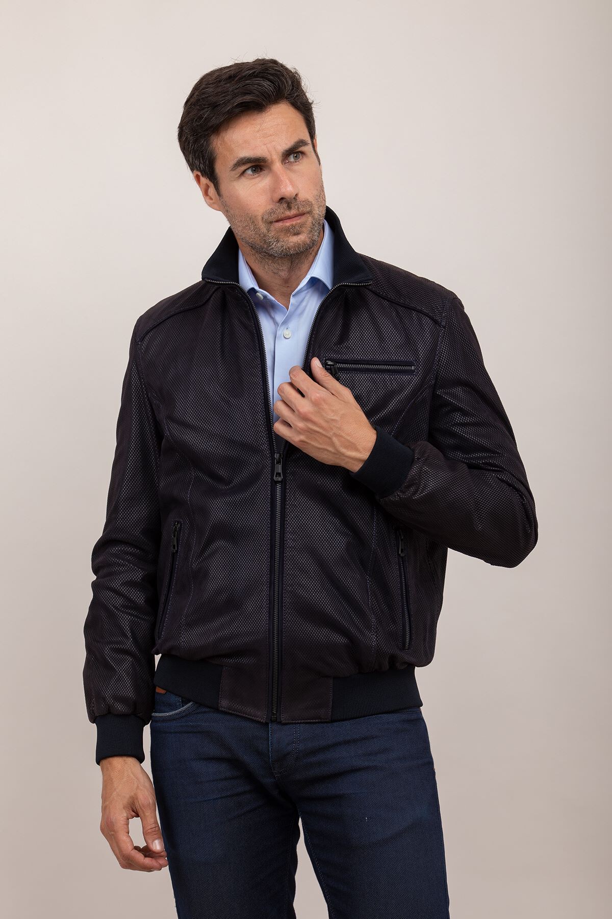 Picture of Men's navy blue leather jacket