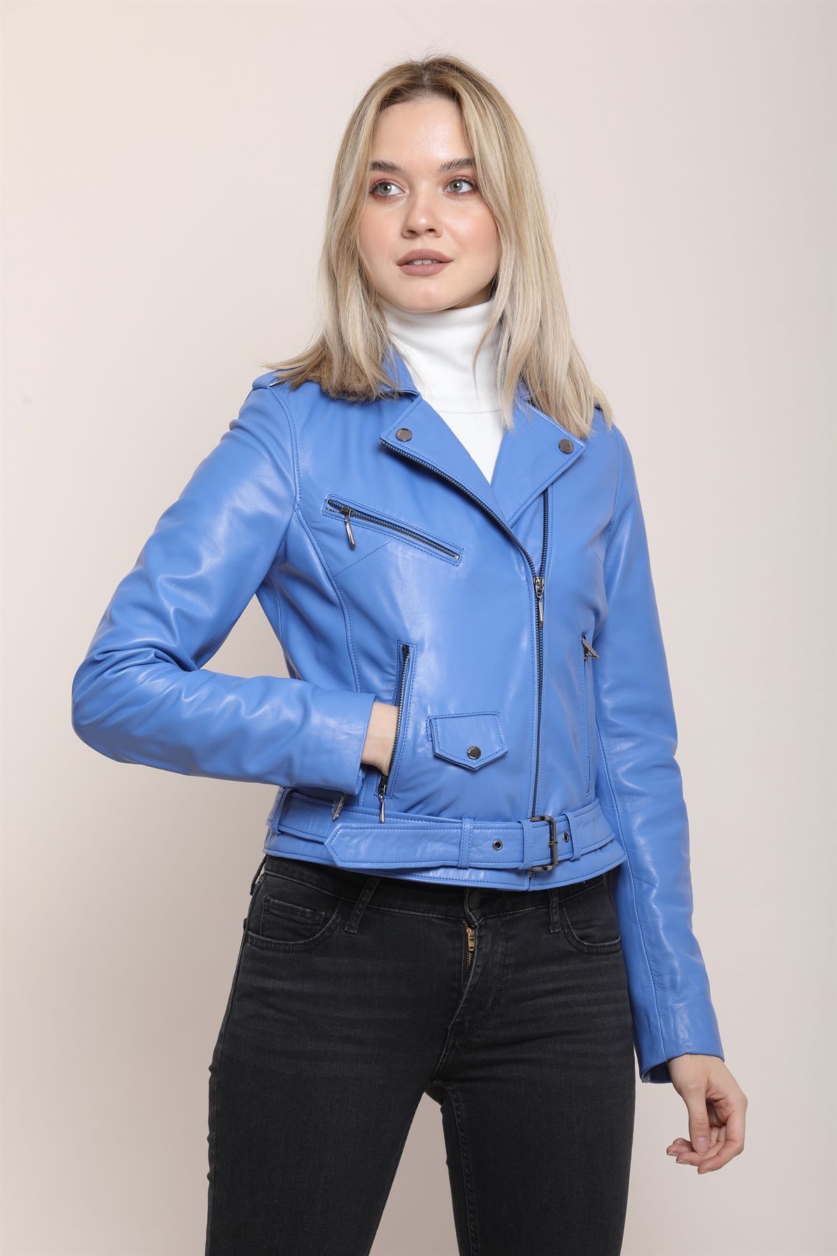 Picture of The best woman gok blue leather jacket