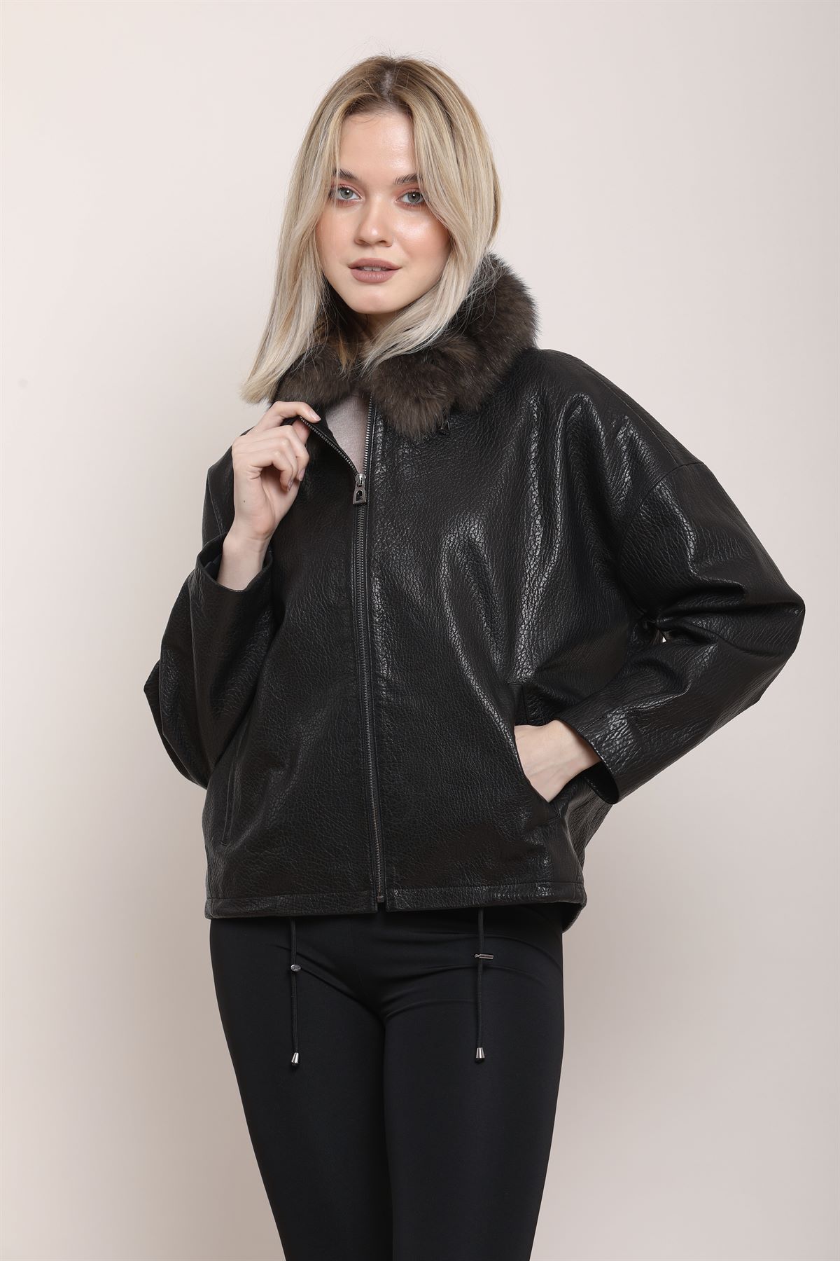 Picture of BestDerei female black leather jacket