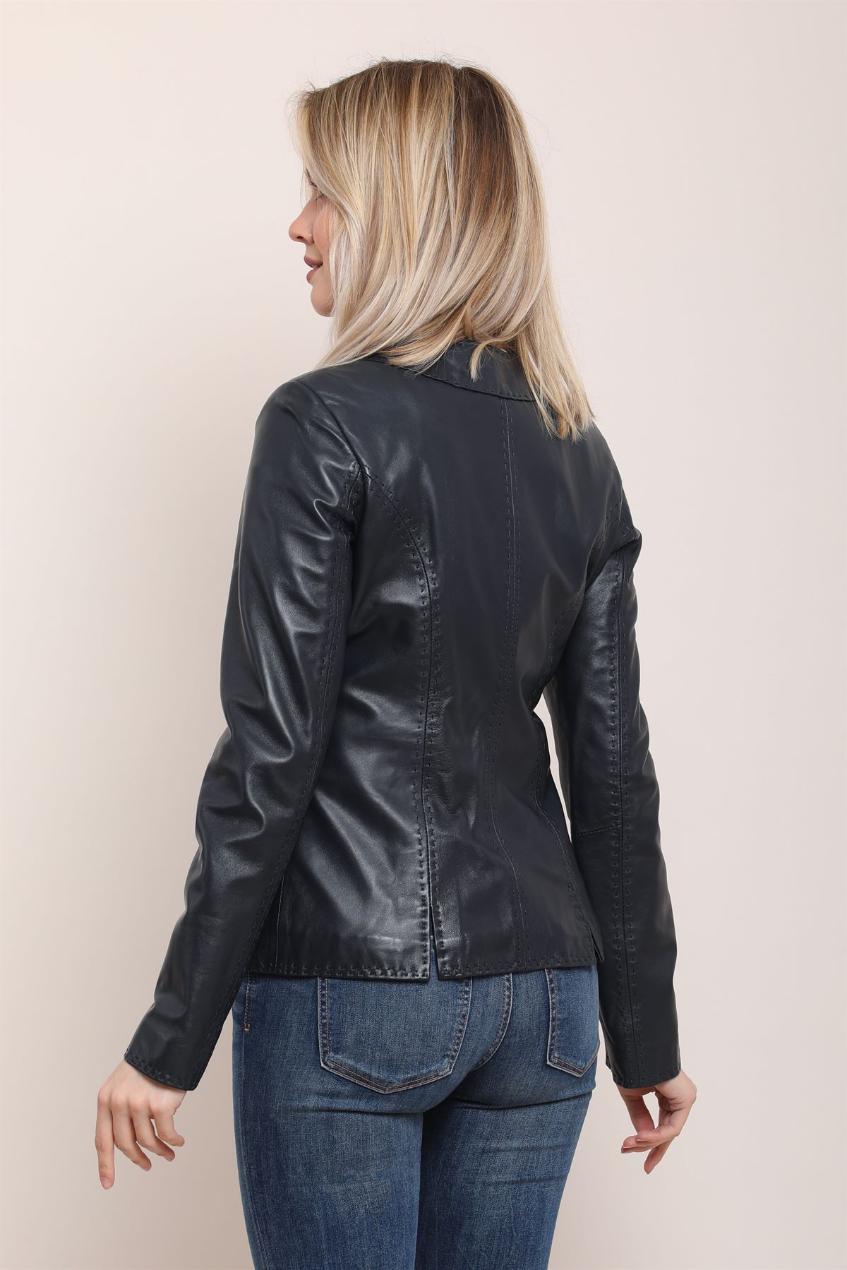 Picture of Female female navy blue leather jacket