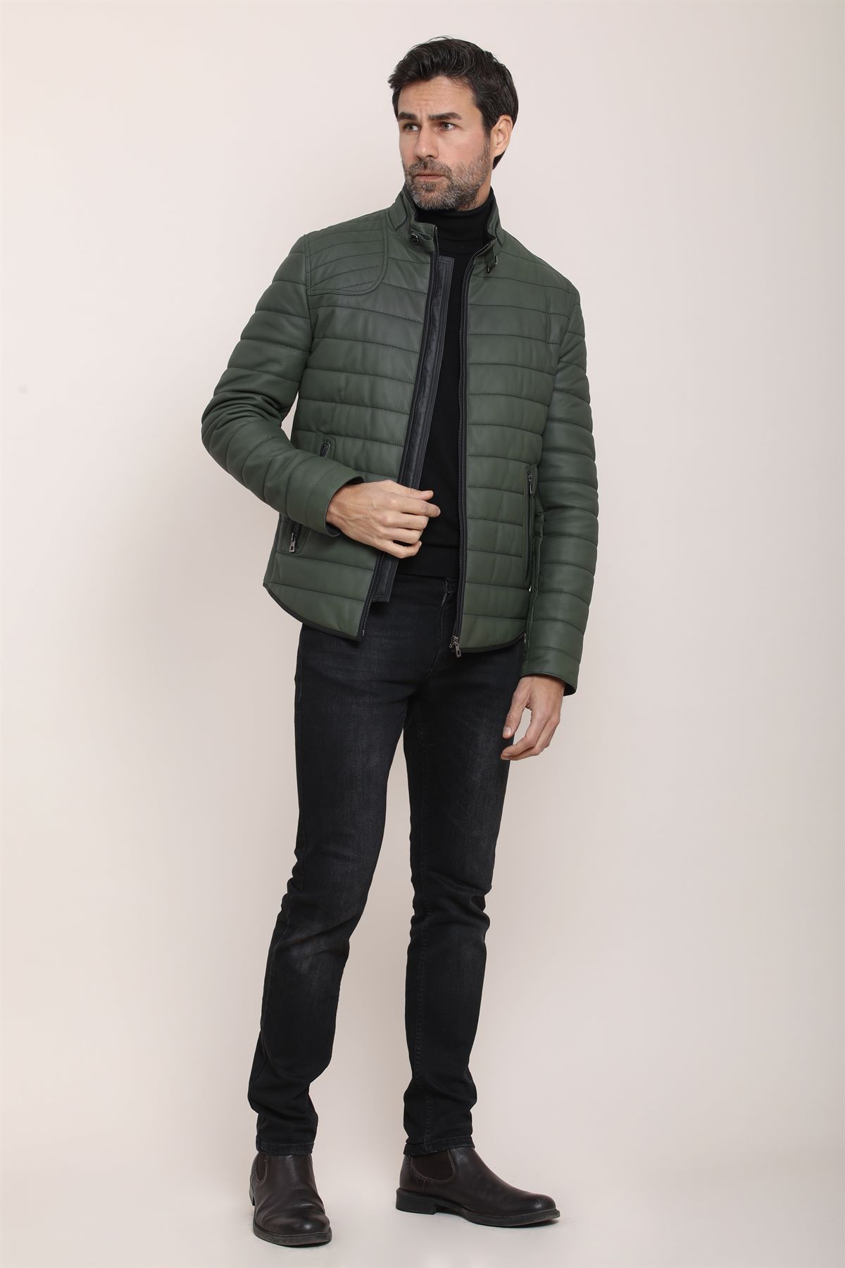Picture of BestDerei Men's Green Leather Jacket