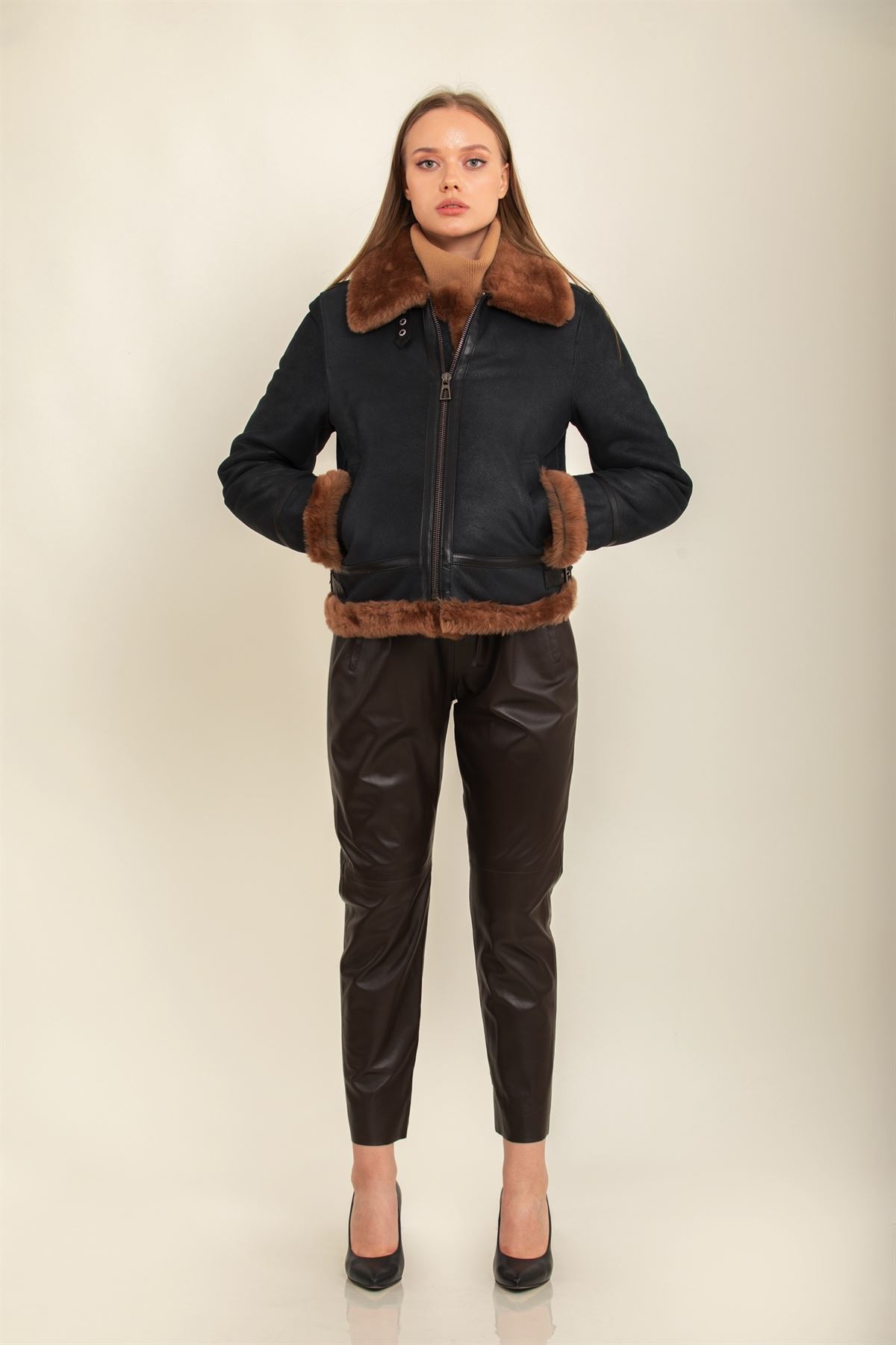Resim Bestderi Kadın Siyah Camel Kürk Ceket