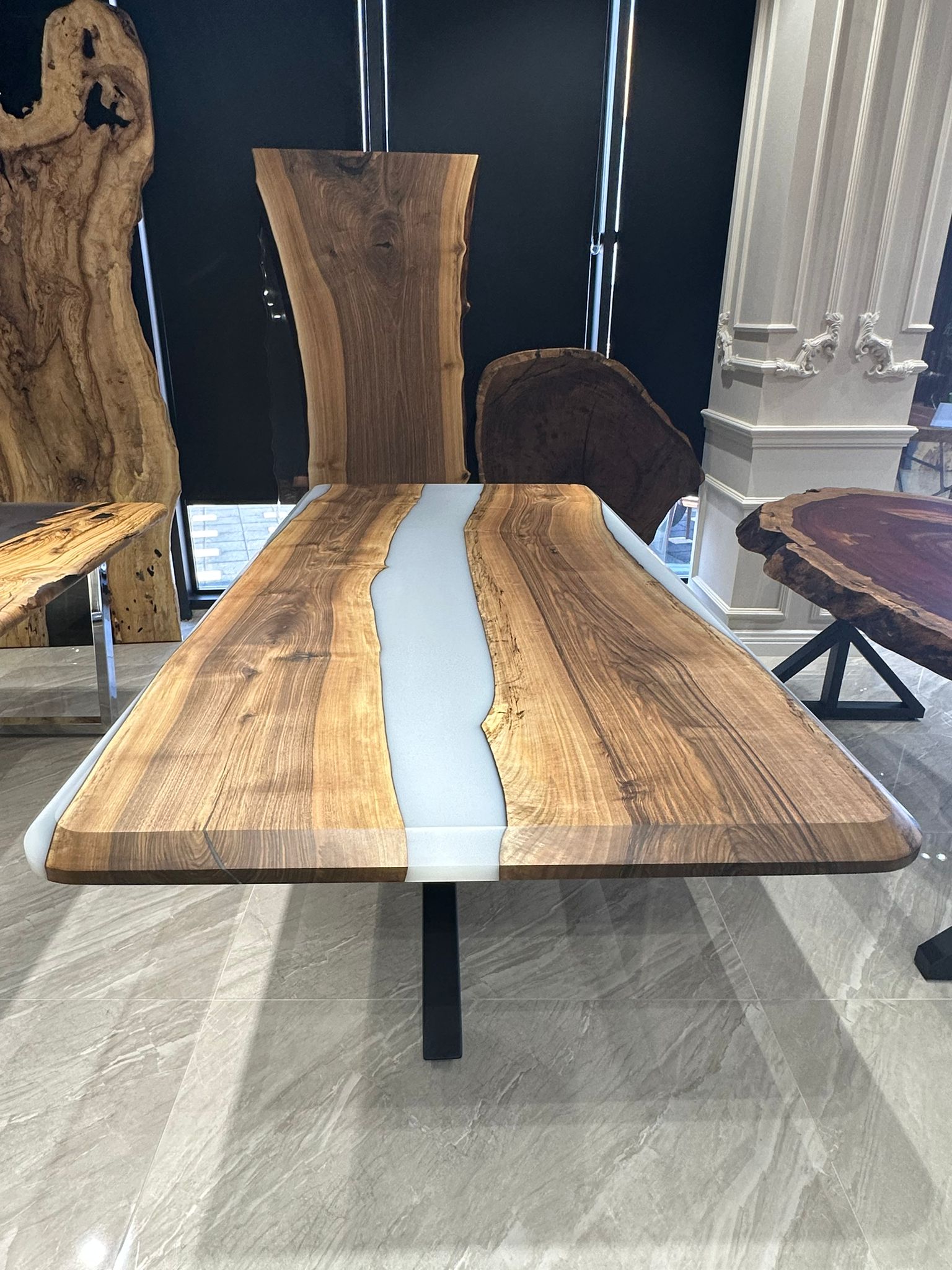 Picture of Ready to Ship 98'' x 47'' Walnut Wood Epoxy Dining Table 