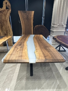 Picture of Ready to Ship 98'' x 47'' Walnut Wood Epoxy Dining Table 