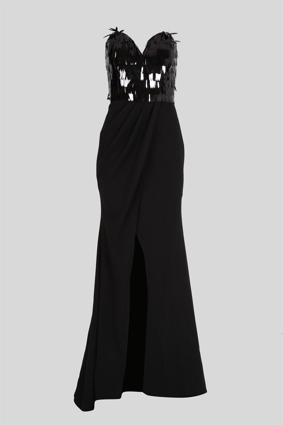 Resim Vanessa Pullu Kalp Yaka Yırtmaçlı Siyah Abiye Elbise