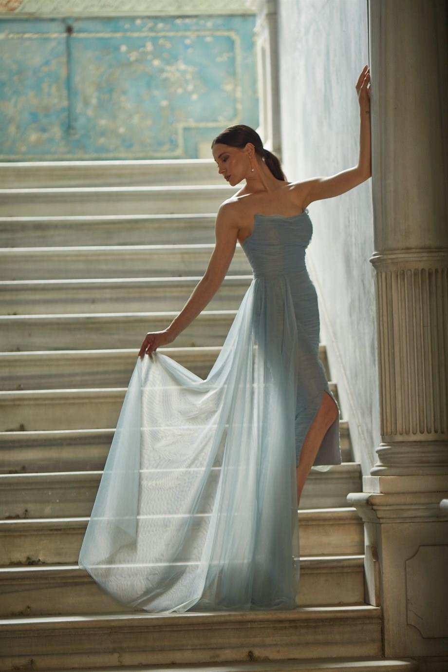 Picture of Joan Drapeli Blue Tulle Midi Tailed Dress