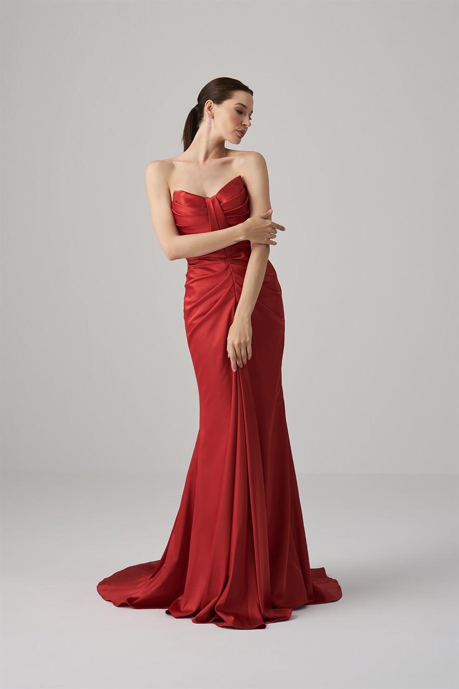 Resim Lidia Önü Drapeli Kırmızı Abiye Elbise