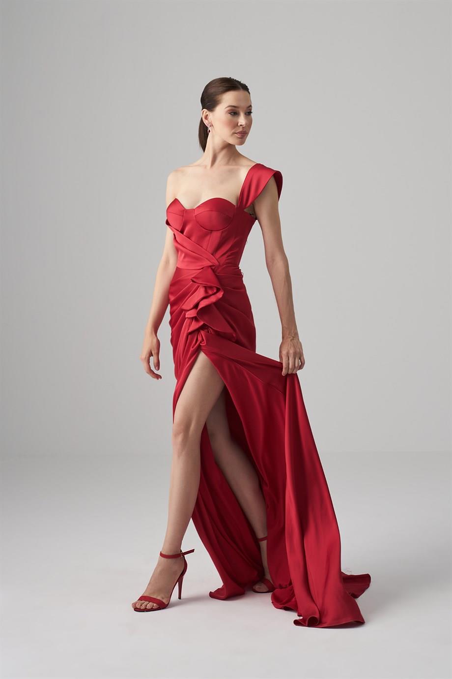 Resim Ella Kırmızı Saten Krep Globlu Volanlı Abiye Elbise