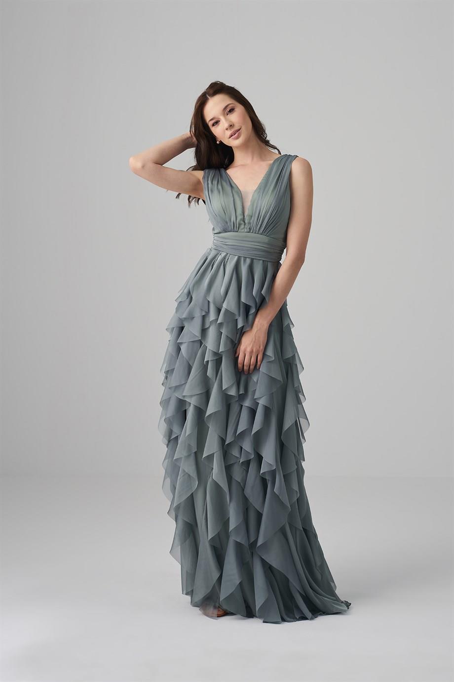 Resim Jay Şifon Etekleri Kat Kat Draapeli Mint Renk Abiye Elbise