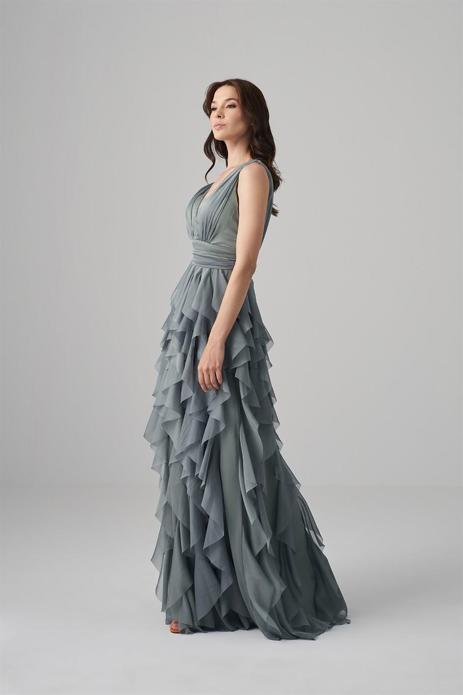 Resim Jay Şifon Etekleri Kat Kat Draapeli Mint Renk Abiye Elbise