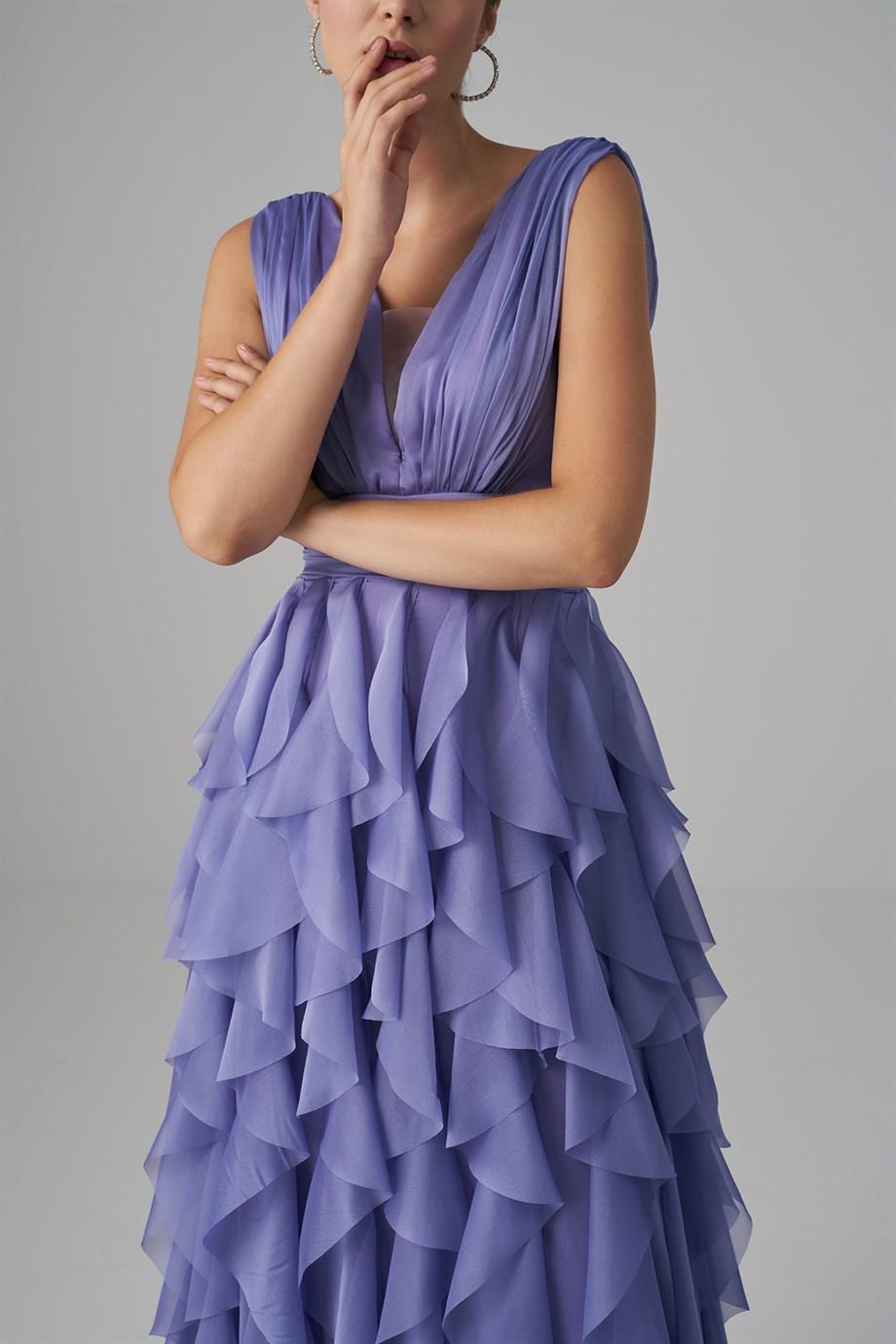 Resim Jay Şifon Etekleri Kat Kat Draapeli Lavanta Renk Abiye Elbise