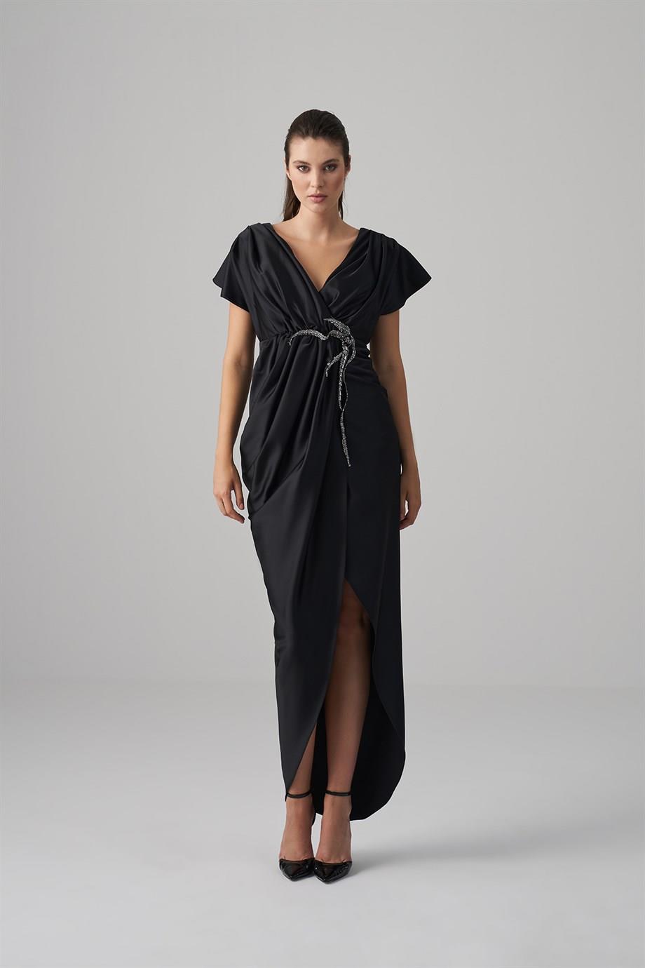 Resim Fran Siyah Saten Dökümlü Abiye Elbise