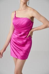 Resim Joey Soft Fuşya Saten Drapeli Mini Abiye Elbise