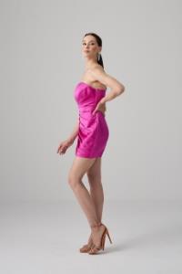 Resim Joey Soft Fuşya Saten Drapeli Mini Abiye Elbise