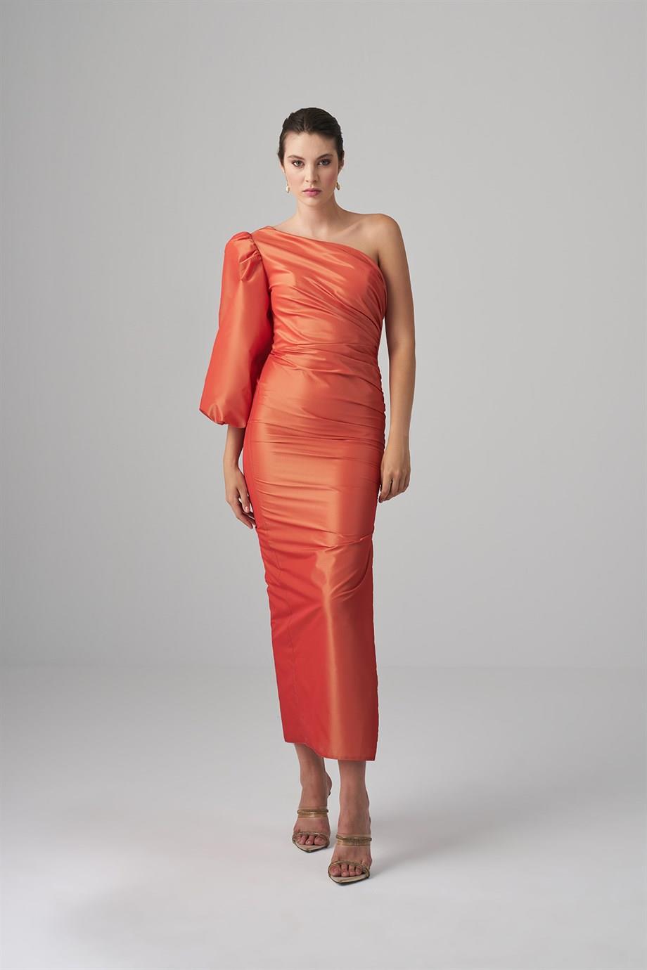 Picture of Gina Tafta Orange Fabric Midi Dress