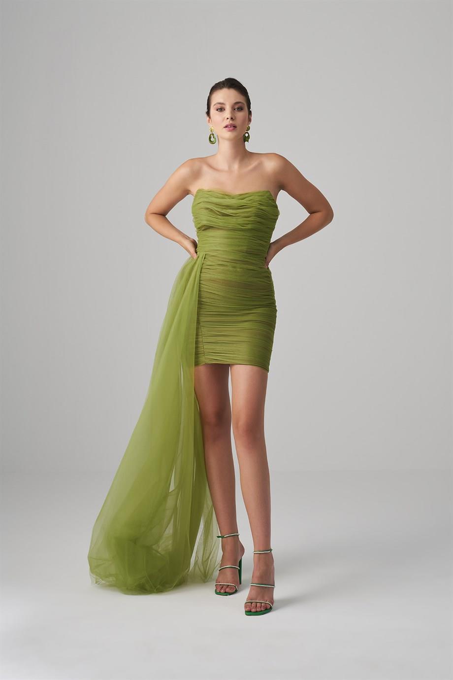 Resim Joan Tül Yeşil Mini Abiye Elbise