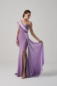 Resim Tina Garnili Krep Kumaş Mor Lila İki Renk Abiye Elbise