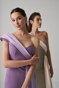 Resim Tina Garnili Krep Kumaş Haki Krem İki Renk Abiye Elbise