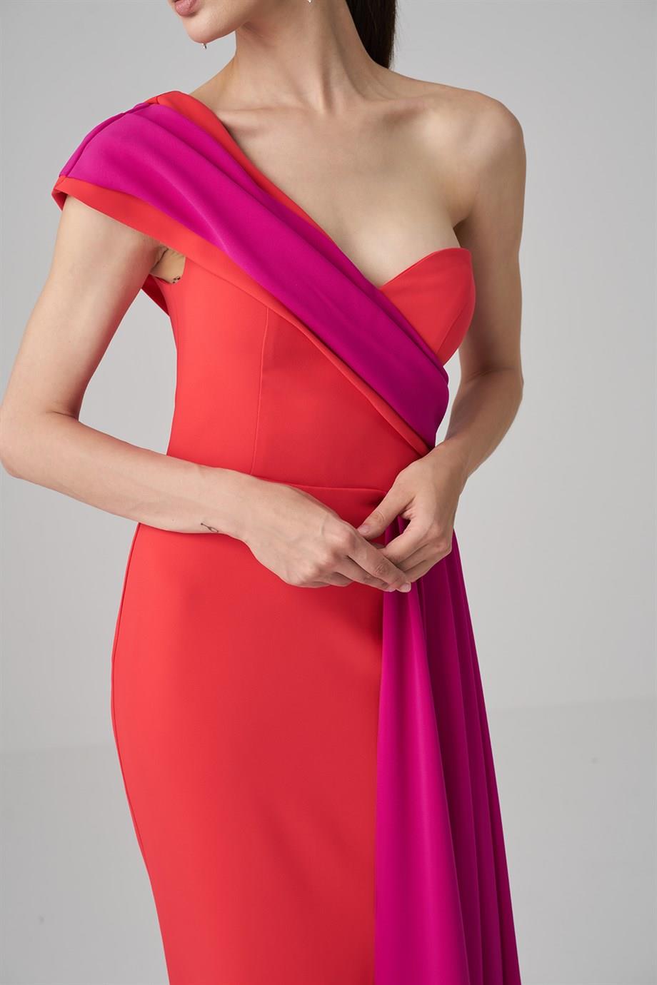 Picture of Tina Garni Crepe Fabric Oranj Fuchsia Two Color Dress