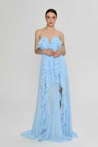 Picture of Mira Kalp Yaka Volanlı İki Yırtmaçlı Multi Şifon Elbise