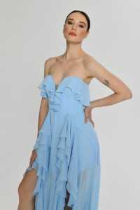 Picture of Mira Kalp Yaka Volanlı İki Yırtmaçlı Multi Şifon Elbise