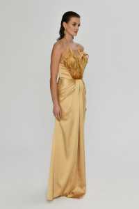 Resim Fleur Straplez Tüylü Altı Saten Gold Elbise